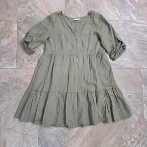 Linen Dress Tiered Mini Dress Casual Made in Italy Olive Green Size S